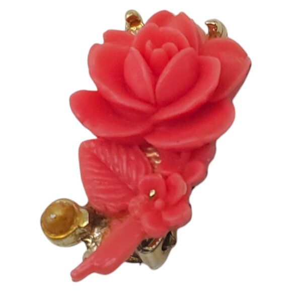 Vintage 1950s Carved Coral Celluloid Roses Necklace Set Earrings Bracelet - Picture 2 of 5